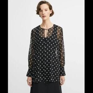 THEORY Petite Polka Dot Black & Cream Sheer Tie Blouse